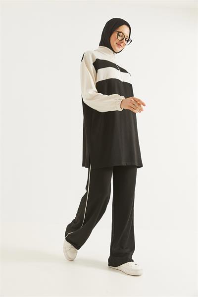 Yaka Fermuarlı Garnili Oysho Kumaş Takım Siyah