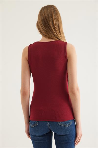 Yaka V Detay Triko Bluz Bordo