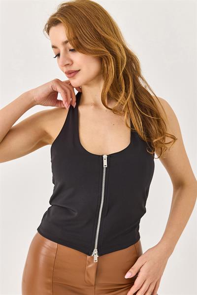 Dalgıç Kumaş Çift Fermuar Detaylı Askılı Bluz