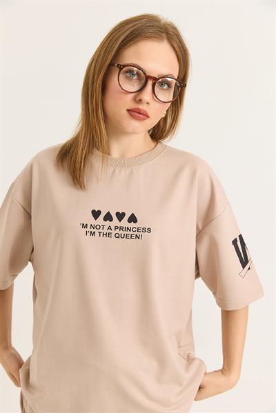 Bisiklet Yaka Baskılı Oversize Tshirt  Bej