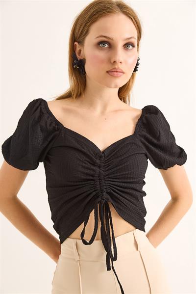 Prenses Kol Önden Büzgülü Bluz Siyah