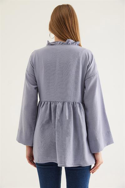 Yandan Bağlamalı Yakası Fırfırlı Kimono Gri