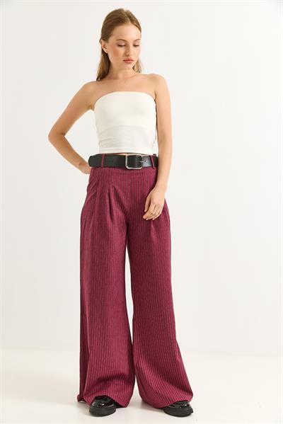 Keten Karışımlı Palazzo Pantolon Vişne