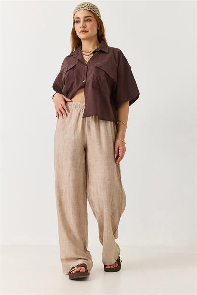 Kadın Desenli Beli Lastikli Bol Kesim Pantalon Vizon
