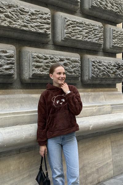 Kapüşonlu Nakış İşlemeli Peluş Sweatshirt  Kahverengi