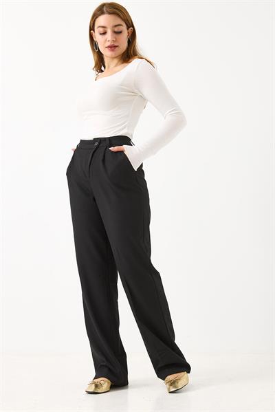 Kadın Çapraz Düğmeli Yüksek Bel Kumaş Pantolon Siyah