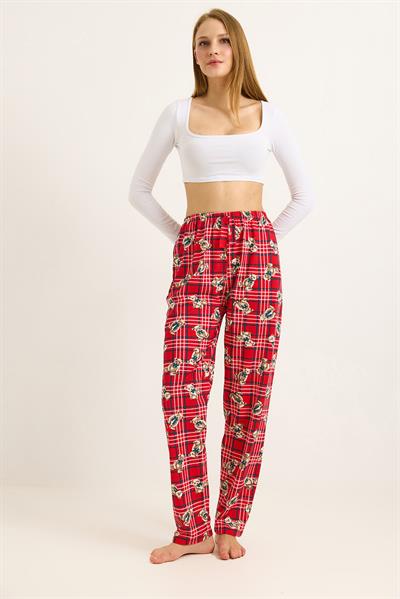 Beli Lastikli Pijama Ayıcık Desenli Pijama Altı Kırmızı