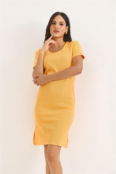 Kısa Kol Bisiklet Yaka Yırtmaç Detaylı Midi Elbise Sarı