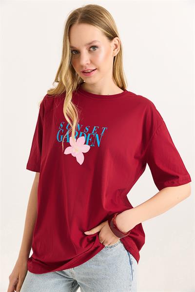 Ön Arka Baskılı Bisiklet Yaka Tshirt Bordo