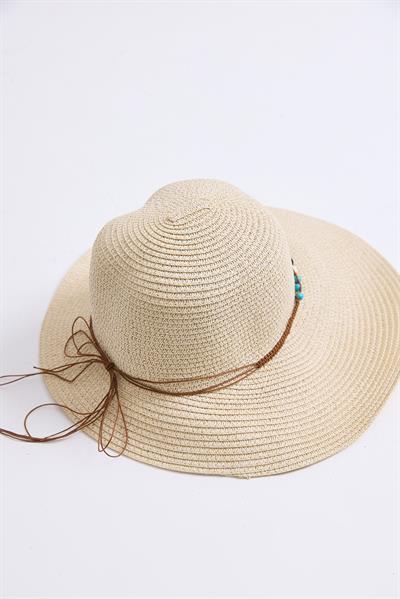 Boncuk Detaylı Hasır Kadın Plaj Şapkası Bej
