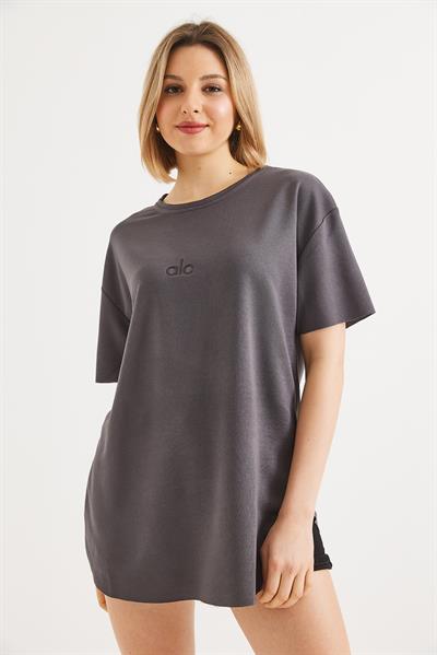 Eteği Oval Kesim Bisiklet Yaka Tshirt Füme