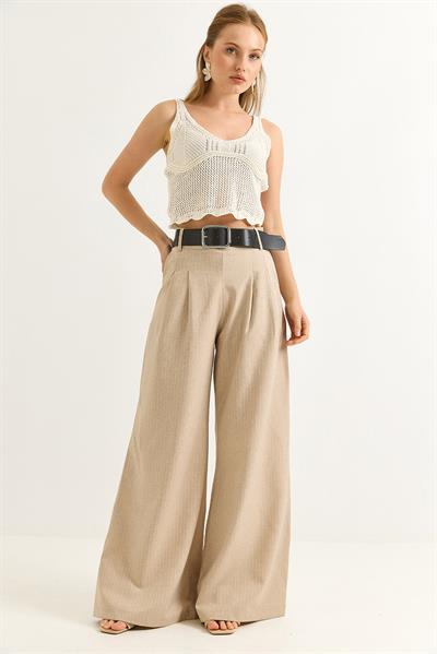 Keten Karışımlı Palazzo Pantolon Bej
