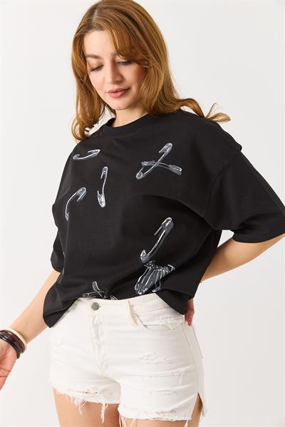 Kadın Ataş Baskılı Kısa Kollu Tshirt Siyah