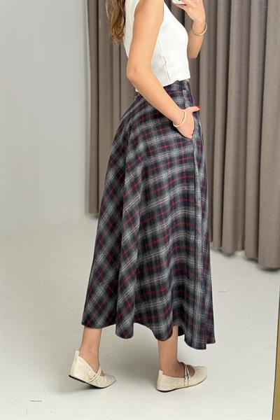 Kadın Ekoseli Kırmızı Cepli Çan Etek
