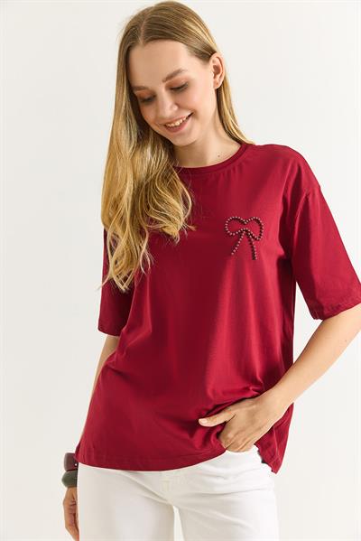 Fiyonk Detaylı Rahat Kesim Kadın Tshirt Bordo