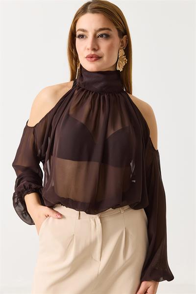 Halter Yaka Full Transparan Omuz Dekolteli  Bluz Acı Kahverengi