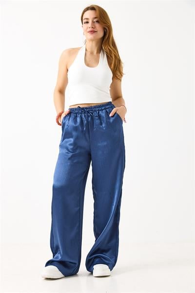Kadın Saten Bol Kesim Salaş Beli Lastikli Pantolon Petrol Mavisi