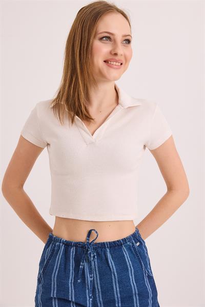 Polo Yaka Basıc Kısa Kollu Örme Kaşkorse Crop Bluz Ekru