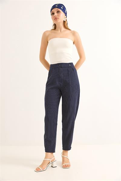 Kemeri Çift Düğmeli Çizgili Palazzo Pantolon Lacivert