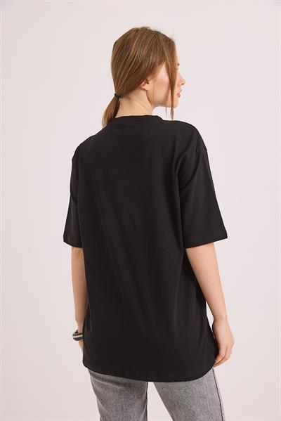 Göz Baskılı Oversize Pamuk Süprem Tshirt Siyah