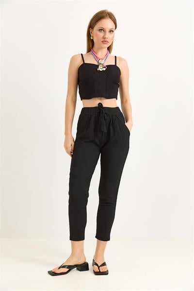 Bağlama Detaylı Bürümcük Örme Pantalon Siyah