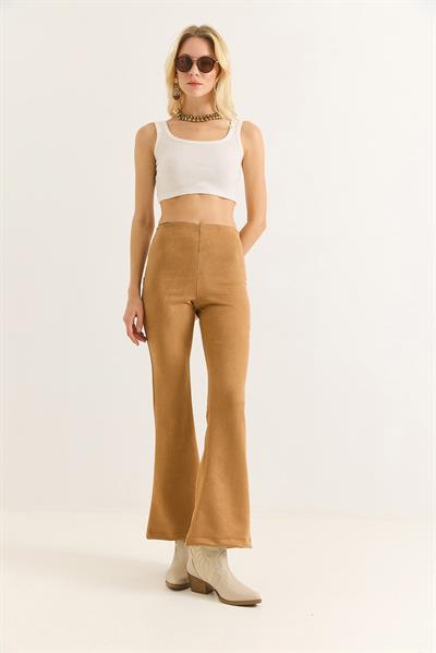 Kadın Süet İspanyol Paça Şık Pantalon Vizon