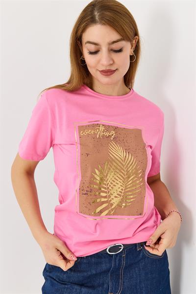 Kadın Palmiye Parlak Baskılı Tshirt Pembe