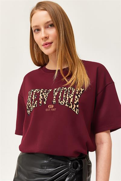 Bisiklet Yaka Oversize Tshirt Bordo