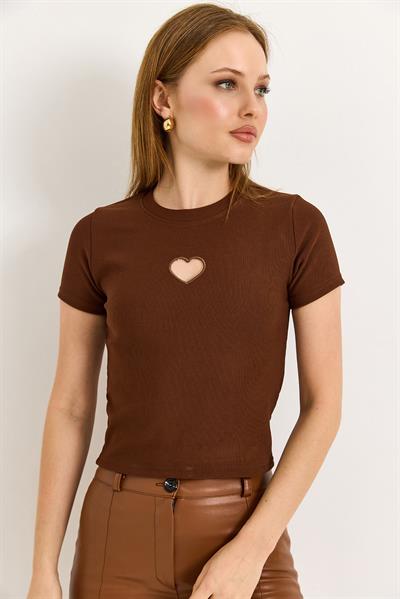 Kalp Detaylı Fitilli Örme Bluz Kahverengi