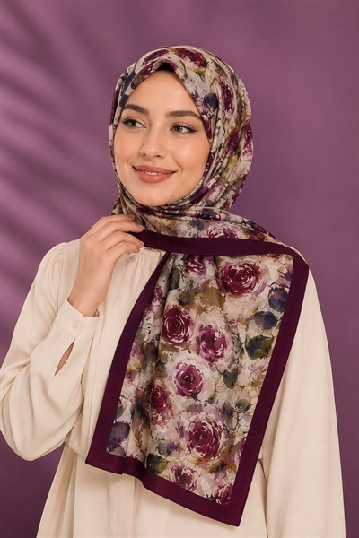 Kadın Çiçek Desenli 180X75 Ölçülü Şal Mürdüm