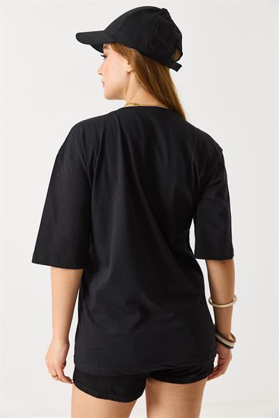 Kadın Kısa Kol Baskılı Basic Tshit Siyah
