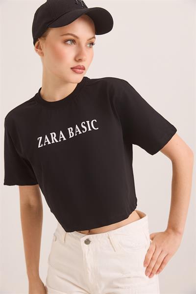 Baskılı Kısa Kol Pamuk Crop Tshirt Siyah