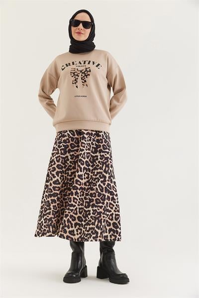 Leoparlı Etekli Scuba İkili Takım Bej
