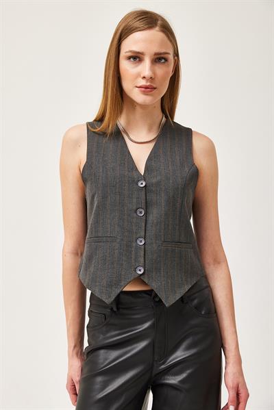 Regular Fit Blazer Yelek Crop Düz Düğmeli Füme