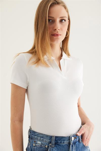 Polo Yaka Kadın Kısa Kol Bluz Beyaz