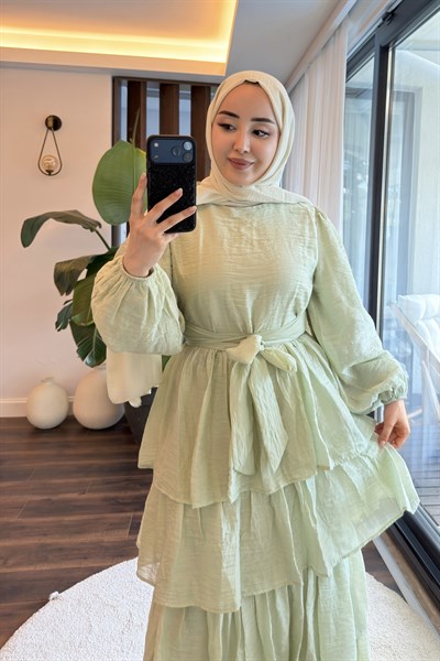 Kadın Eteği Fırfırlı Astarlı Tül Modal Elbise Çağla