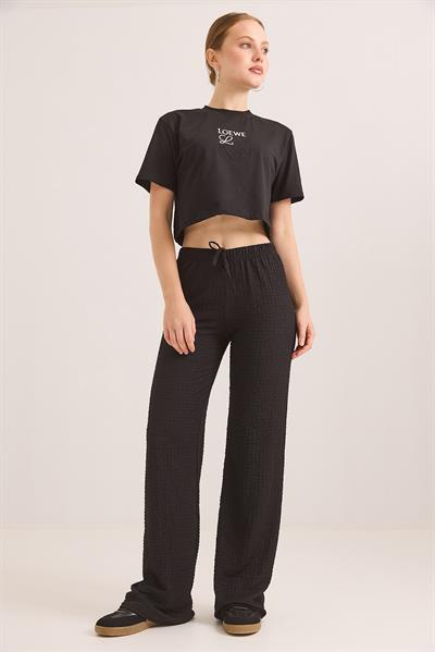 Bubble Örme Kumaş Rahat Kalıp Pantolon Siyah