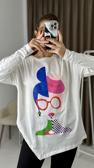 Kadın Beyaz Baskılı Büyük Beden Tshirt