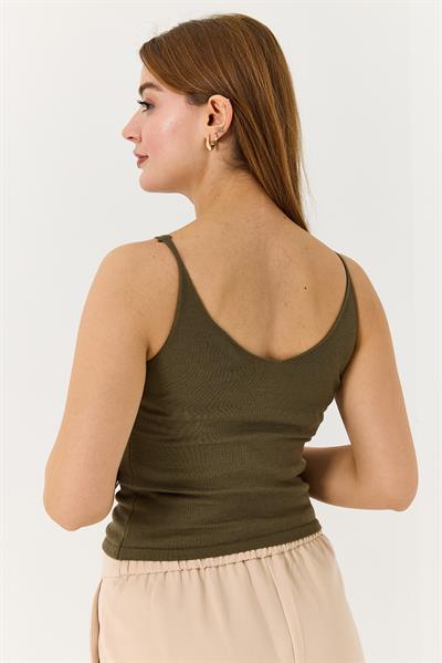 Kadın Triko Basic Haki V yaka Askılı Bluz