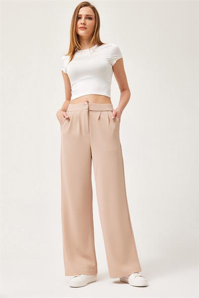 Yüksek Bel Cepli Palazzo Pantolon Krem