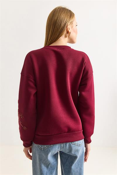 Kadın Boncuk İşlemeli Üç İplik Sweat Bordo
