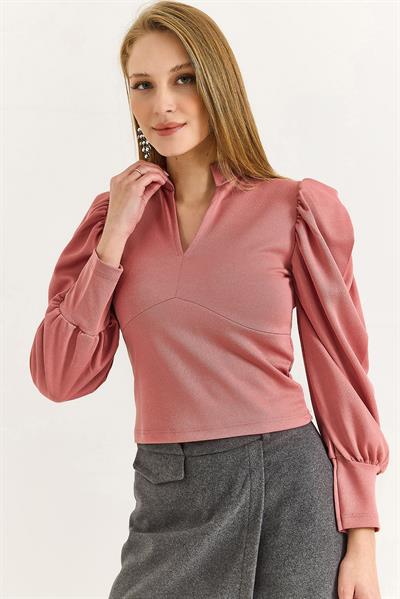 Kadın Hakim Yaka Prenses Kol Örme Bluz Pudra