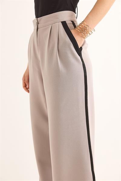 Yanları Şeritli Yüksel Bel Palazzo Pantolon Gri