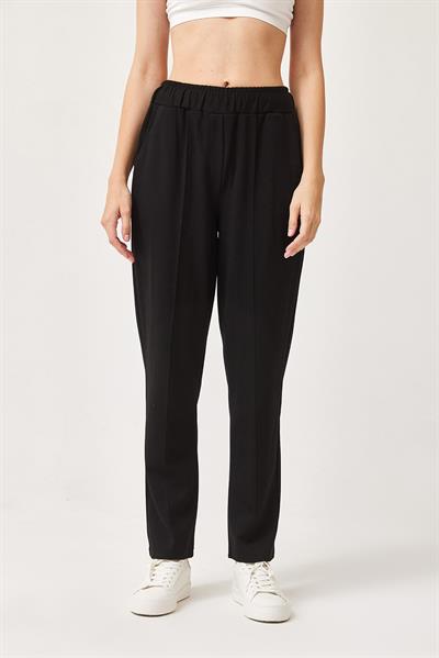 Extra Likralı Boru Paça Beli Lastikli Örme Pantolon Siyah
