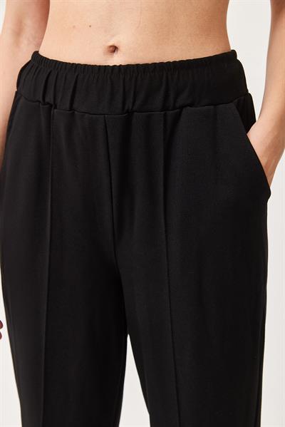 Extra Likralı Boru Paça Beli Lastikli Örme Pantolon Siyah