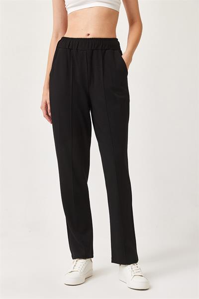 Extra Likralı Boru Paça Beli Lastikli Örme Pantolon Siyah