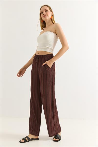 Bürümcük Çizgili Rahat Kesim Pantalon Kahverengi
