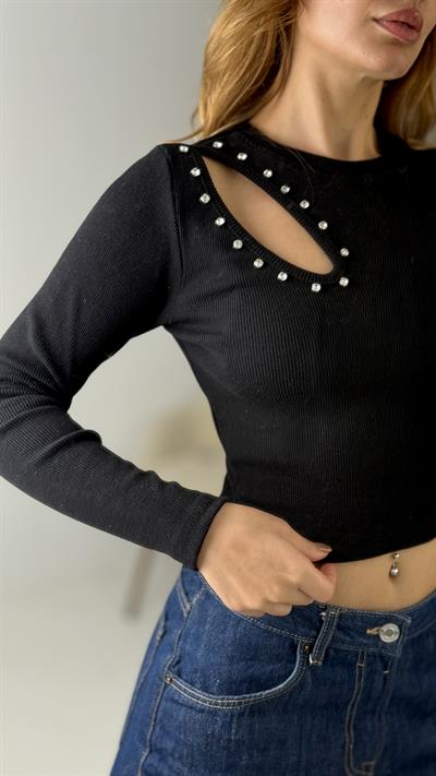 Kadın Uzun Kollu Kaşkorse Taşlı Pencereli Bluz Siyah