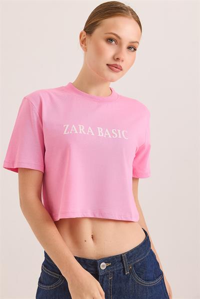 Baskılı Kısa Kol Pamuk Crop Tshirt Pembe