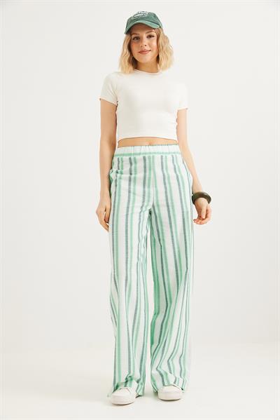 Beli Lastikli Rahat Kesim Keten Pantolon Yeşil